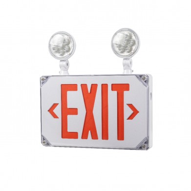 Wet Location Rated Combo Red Exit Sign With Emergency Lights, 90-Minute Battery Power Back-Up, Dual Adjustable Head Lamps